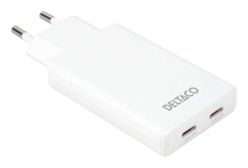 Deltaco USB-C wall charger 67 W, 2x USB-C PD, slim, tot 67 W, white