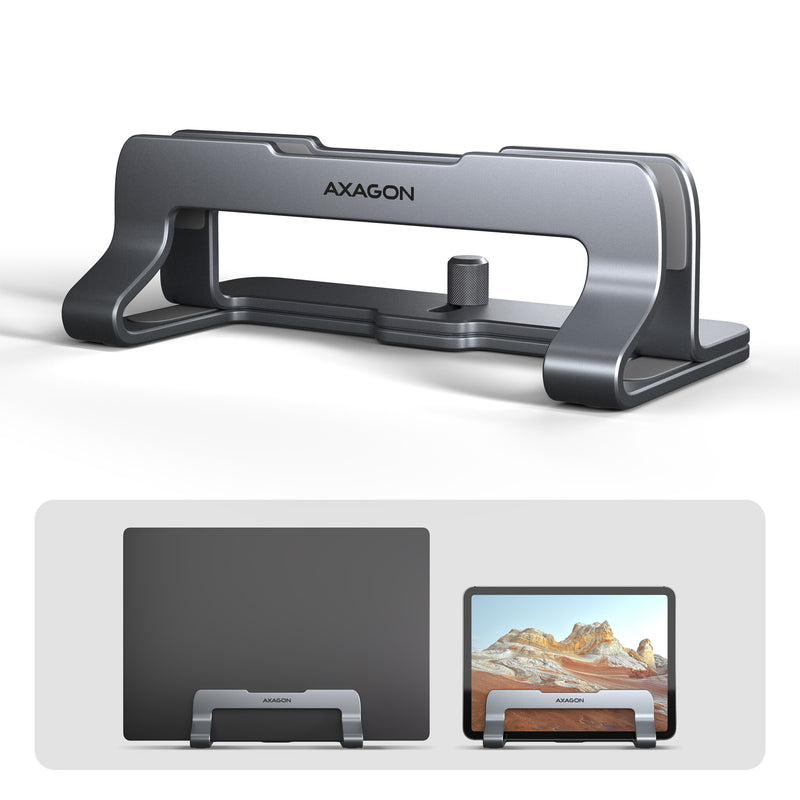 Axagon STND-VG Vertikaler Laptop-Ständer, einstellbare Breite, Aluminium Stander til laptop og tablet Grå 43,9 cm (17.3")