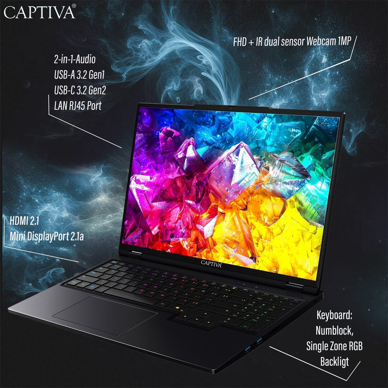 CAPTIVA GY6 959AG 25T1 AMD Ryzen™ 9 9955HX Laptop 40,6 cm (16") WQXGA 64 GB DDR5-SDRAM 2 TB SSD NVIDIA GeForce RTX 5090 Wi-Fi 6 (802.11ax) Windows 11 Home Tysk Sort