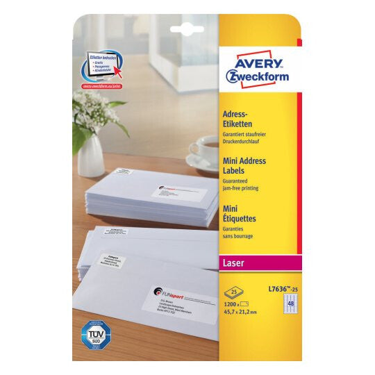 Avery L7636-25 selvklæbende etiket Afrundet rektangel Permanent Hvid 1200 stk