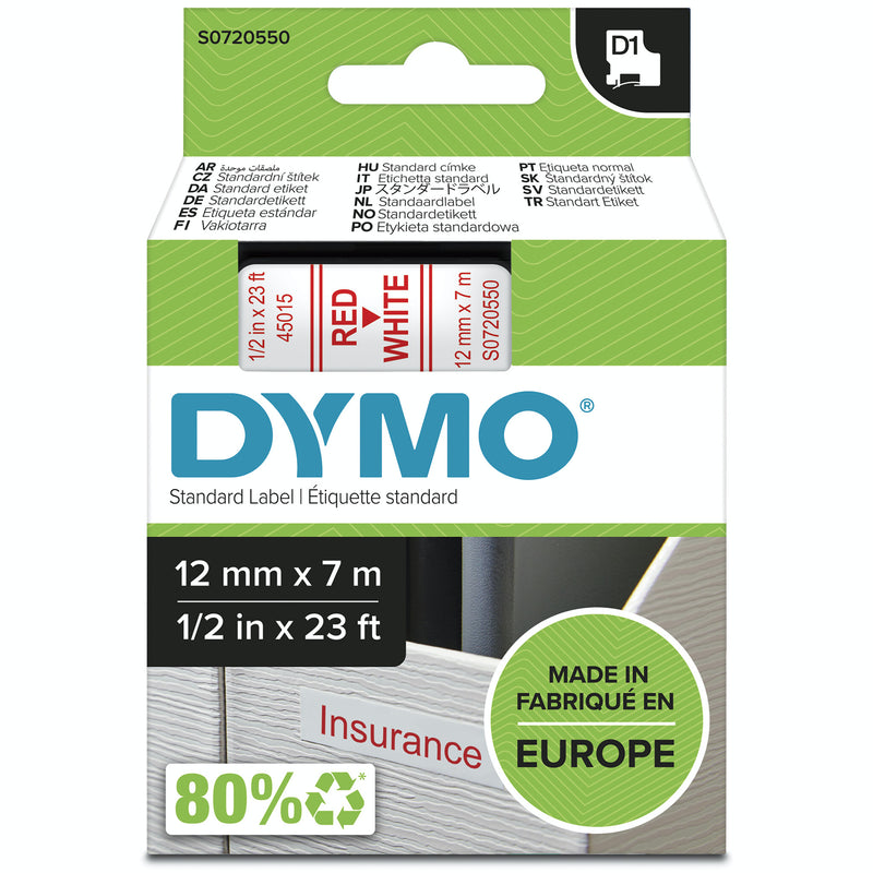 DYMO Originale D1-etiketter | Rød tekst på hvid tape | 12 mm x 7 m | Selvklæbende etiketter til LabelManager-mærkningsmaskiner | Fremstillet i Europa