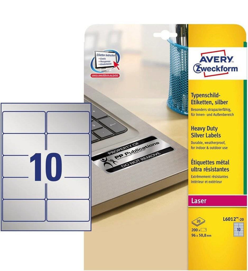 Avery L6012-20 selvklæbende etiket Afrundet rektangel Permanent Sølv 200 stk