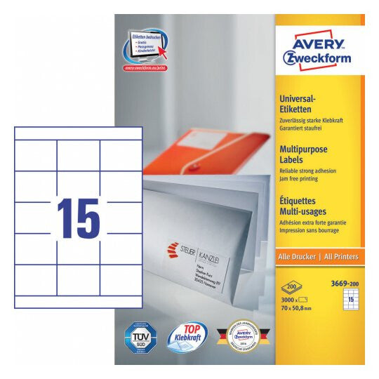 Avery 3669-200 selvklæbende etiket Rektandel Permanent Hvid 3000 stk