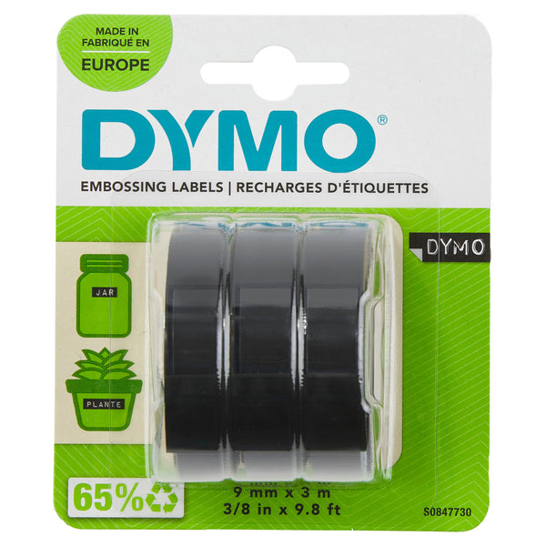 DYMO Original Prægeetiketbånd | 9 mm x 3 m ruller | Hvid tekst på sort | Selvklæbende | til prægeetiketmaskiner | 3 stk.