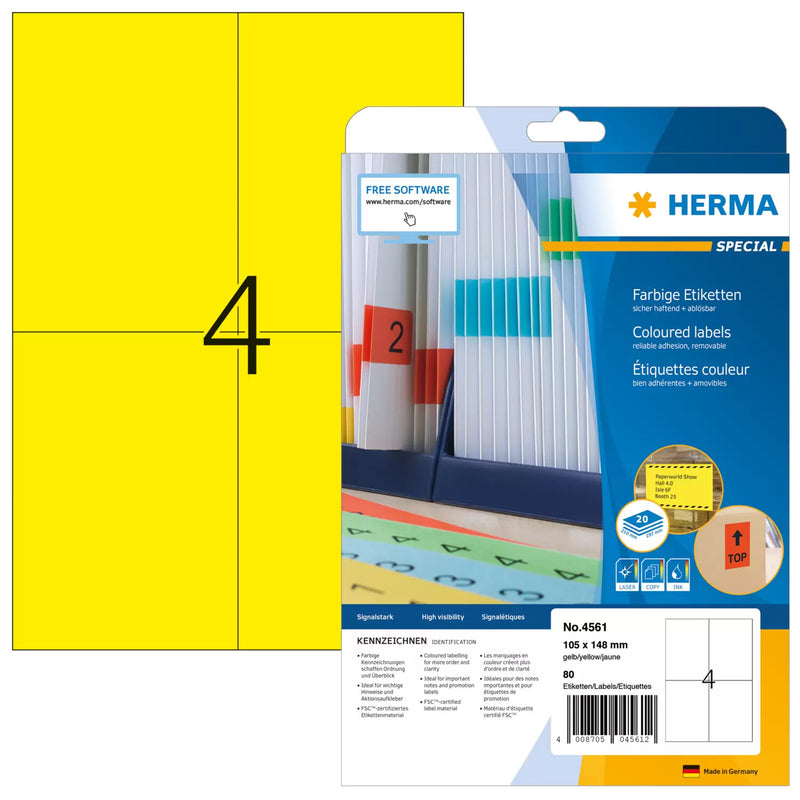 HERMA 4561 selvklæbende etiket Rektandel Gul 80 stk