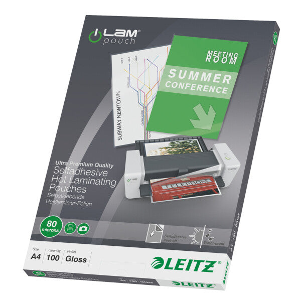 Leitz iLAM selvklæbende A4-lamineringslommer, 80 my, pakke med 100 stk.