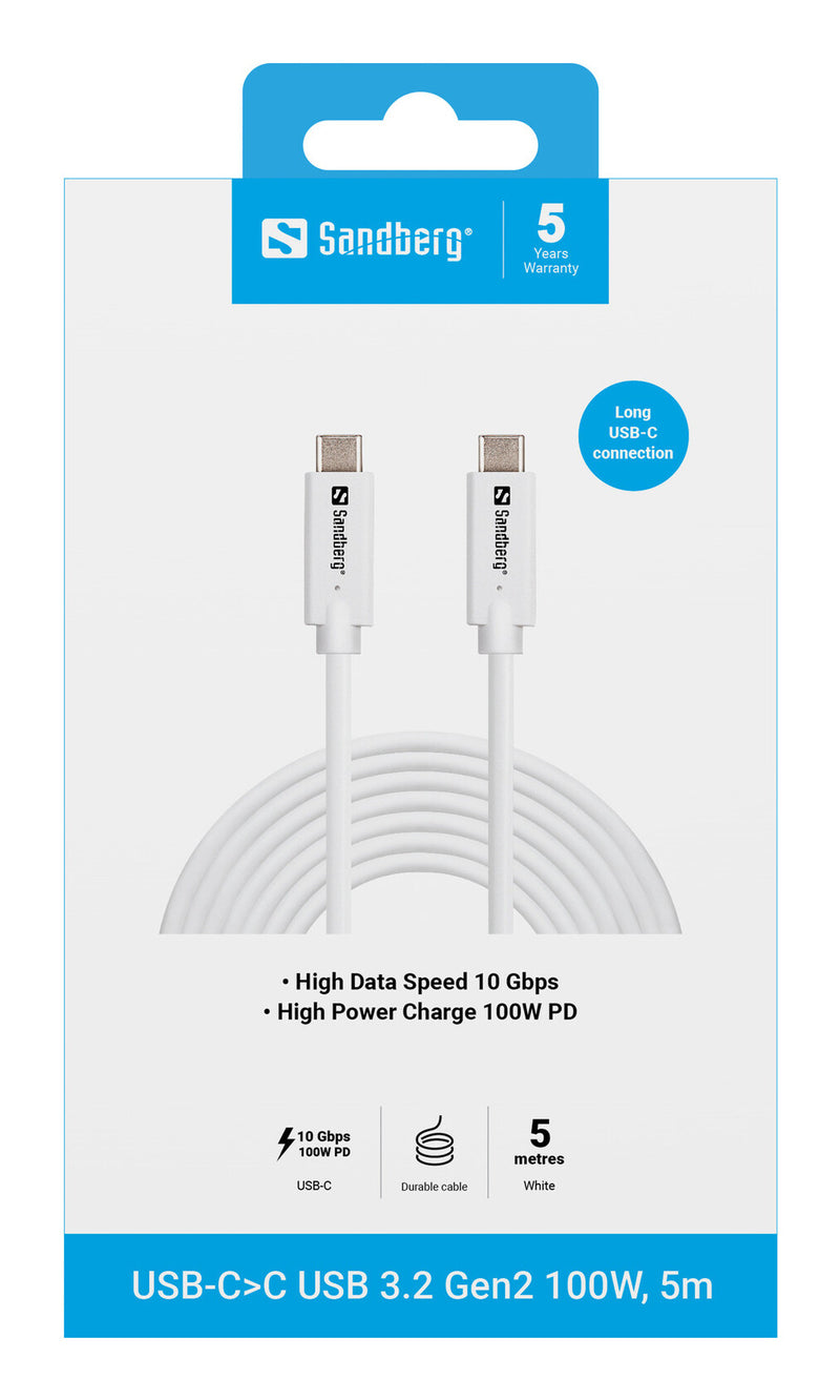 Sandberg 136-76 USB-kabel USB 3.2 Gen 2 (3.1 Gen 2) 500 m USB C 10 Gbit/sek. 100 W Hvid