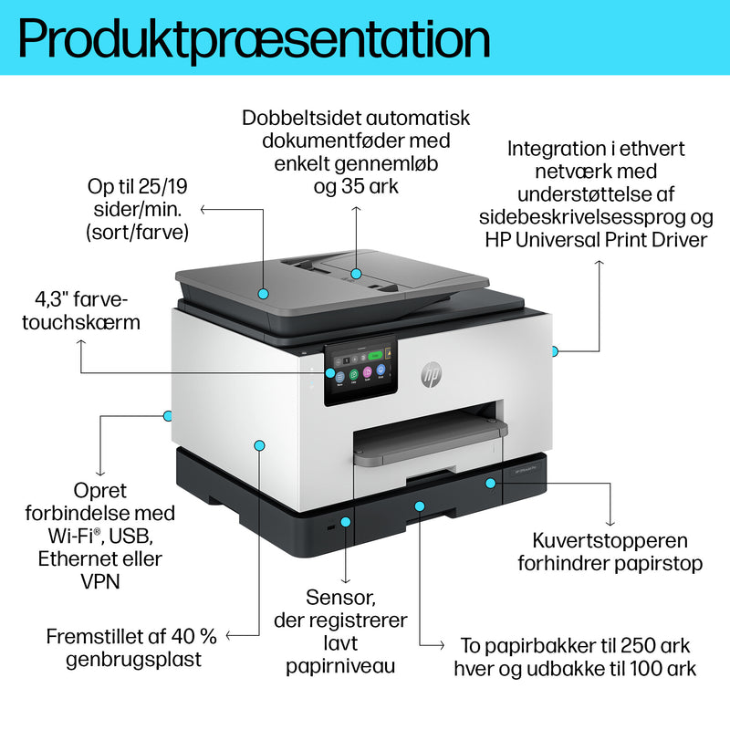 HP OfficeJet Pro 9130b Trådløst All-in-One Farve Printer, Tosidet print; Kopimaskine, scanner