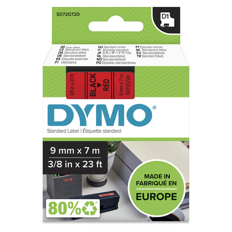 DYMO Ægte D1-etiketter | Sort tekst på rød tape | 9 mm x 7 m | Selvklæbende etiketter til LabelManager-mærkningsmaskiner | Fremstillet i Europa