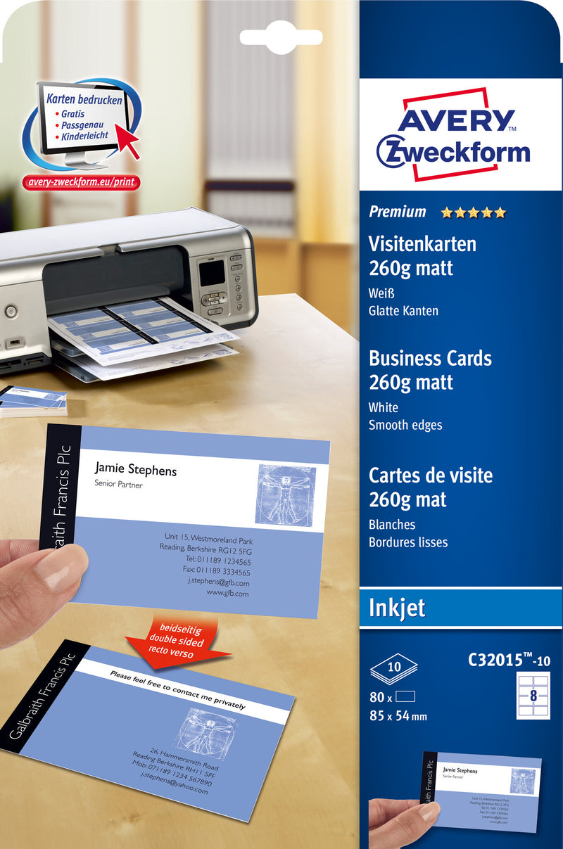 Avery C32015-10 visitkort Inkjet Papir 80 stk