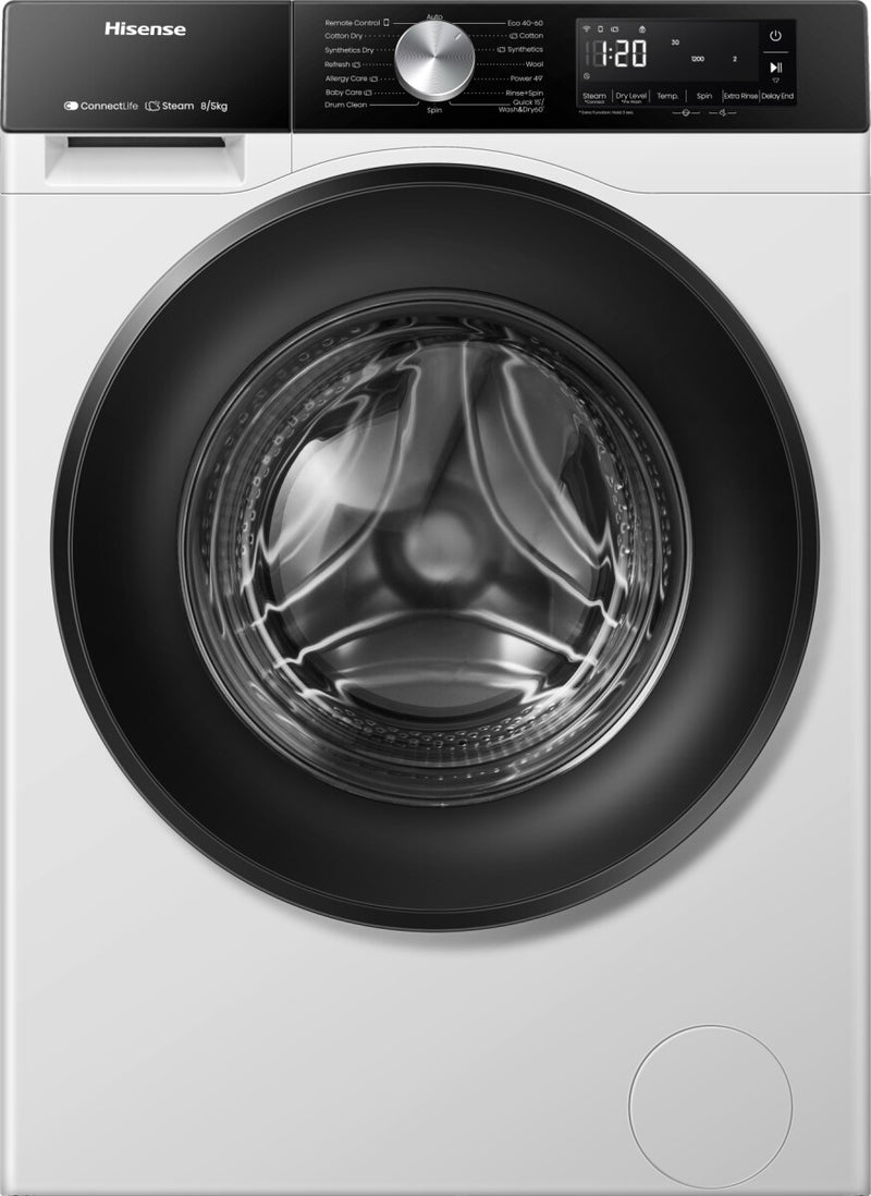 Hisense Vaske tørremaskine (8/5 kg) med Wash&Dry 60’, Auto Wash tilpasning og dampprogrammer til hygiejnisk tøjpleje. Wi Fi styring og invertermotor giver fleksibilitet, pålidelig drift og en pladsbesparende løsning til hverdagen.