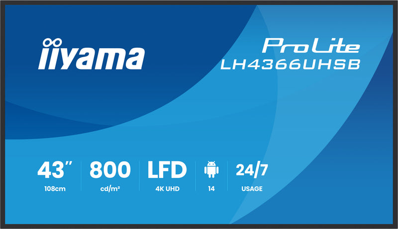 iiyama LH4366UHSB-B1AG skilte display Digital fladpaneldisplay 109,2 cm (43") LCD Wi-Fi 800 cd/m² 4K Ultra HD Sort Indbygget processer Android 24/7