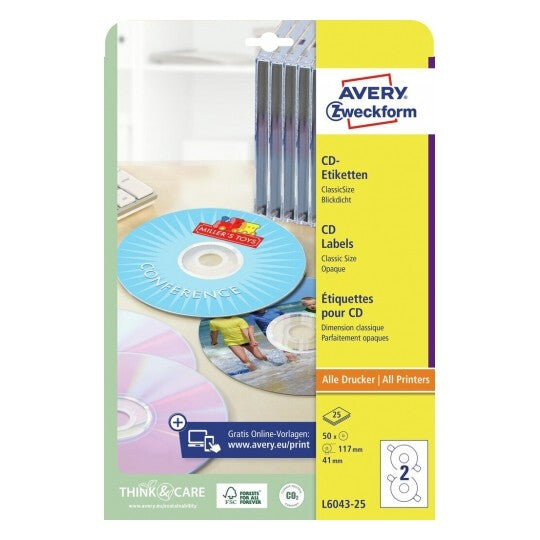 Avery L6043-25 selvklæbende etiket Rund Permanent Hvid 50 stk