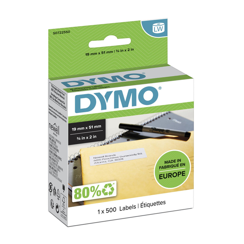 DYMO Ægte LabelWriter Små Multifunktionsetiketter | 19 mm x 51 mm | Selvklæbende | Rulle med 500 | Nem-aftrækkelige etiketter | til LabelWriter etiketmaskiner | Fremstillet i Europa