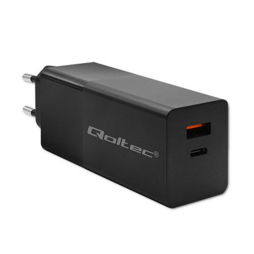 Qoltec 52382 oplader til mobil enhed Laptop, Bærbar spillekonsol, Strømbank, Smartphone, SmartWatch, Tablet Sort Vekselstrøm Hurtig opladning Indendørs