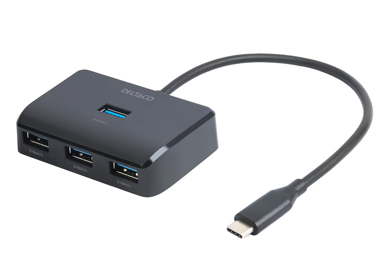 Deltaco USB-C hub med 4 USB-A porte, 5 Gbit/s, ekstra strømindgang, sort