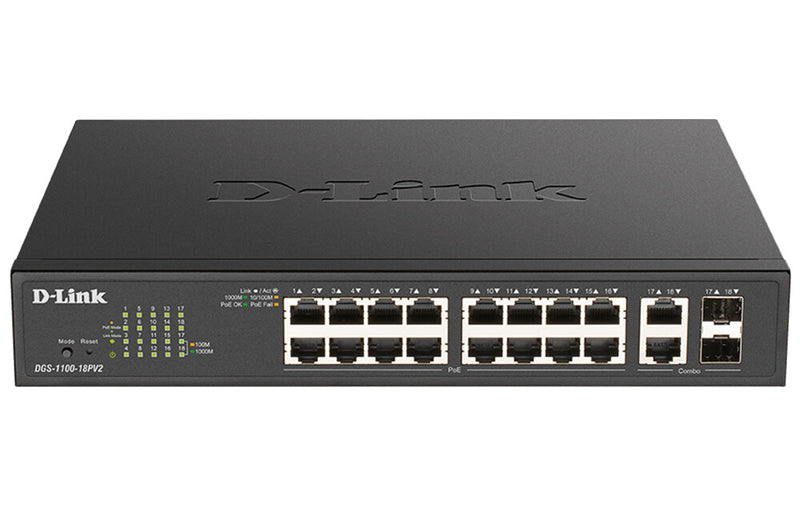 D-Link DGS-1100-18PV2 netværksswitch Administreret L2 Gigabit Ethernet (10/100/1000) Strøm over Ethernet (PoE) 1U Sort