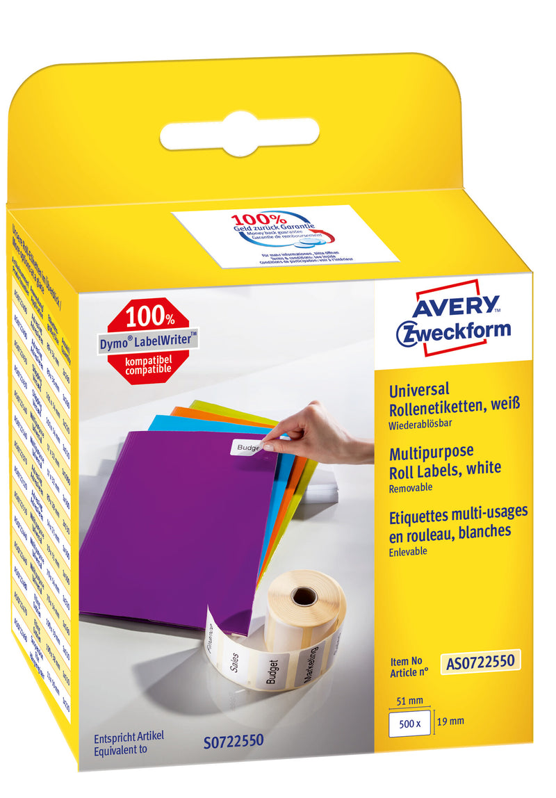 Avery AS0722550 selvklæbende etiket Rektandel Aftagelig Hvid 500 stk