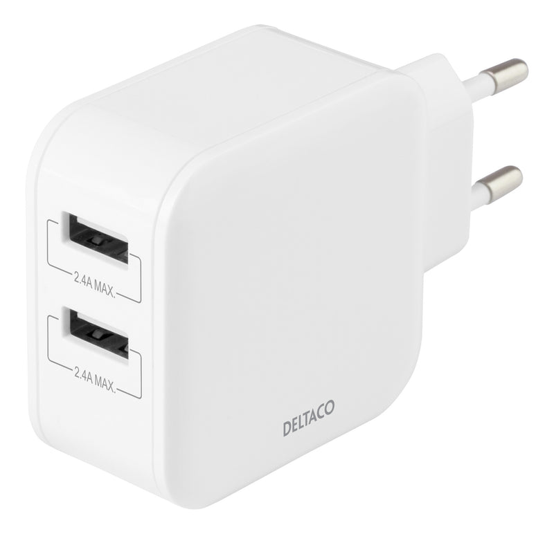 Deltaco USB-vægoplader, 2x USB-A-porte, 4,8 A, 24 W, hvid