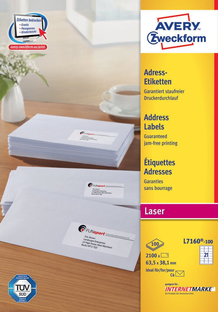 Avery L7160-100 selvklæbende etiket Afrundet rektangel Permanent Hvid 2100 stk