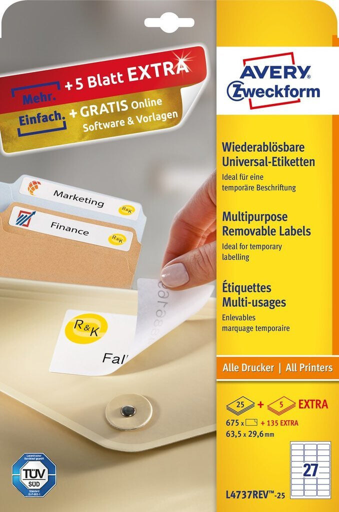 Avery L4737REV-25 selvklæbende etiket Afrundet rektangel Aftagelig Hvid 810 stk