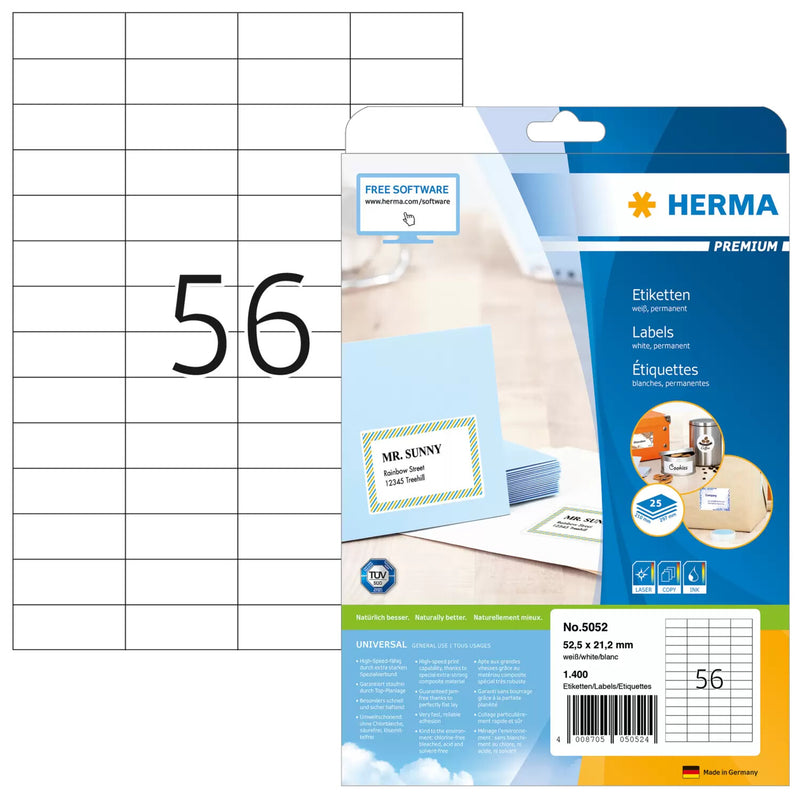 HERMA 5052 selvklæbende etiket Rektandel Permanent Hvid 1400 stk