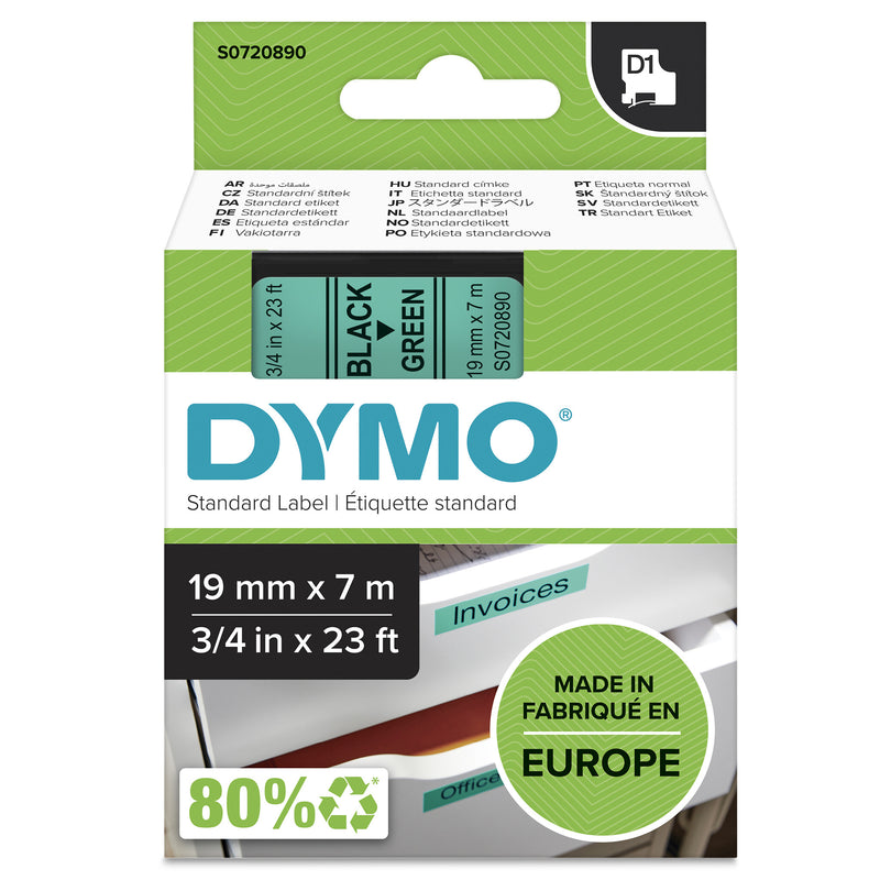 DYMO Ægte D1-etiketter | Sort tekst på grøn tape | 19 mm x 7 m | Selvklæbende etiketter til LabelManager-mærkningsmaskiner | Fremstillet i Europa