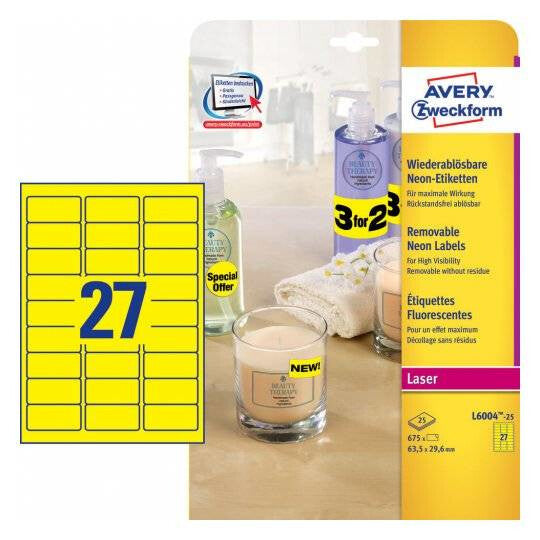 Avery L6004-25 selvklæbende etiket Afrundet rektangel Permanent Gul 675 stk
