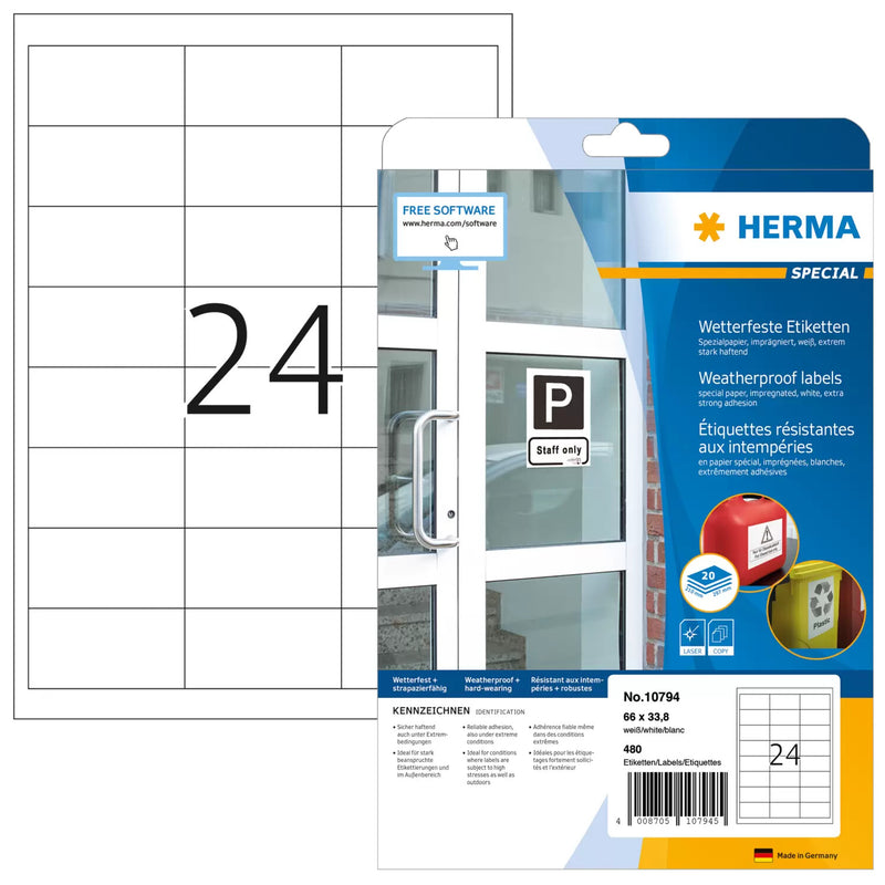 HERMA 10794 selvklæbende etiket Rektandel Permanent Hvid 480 stk