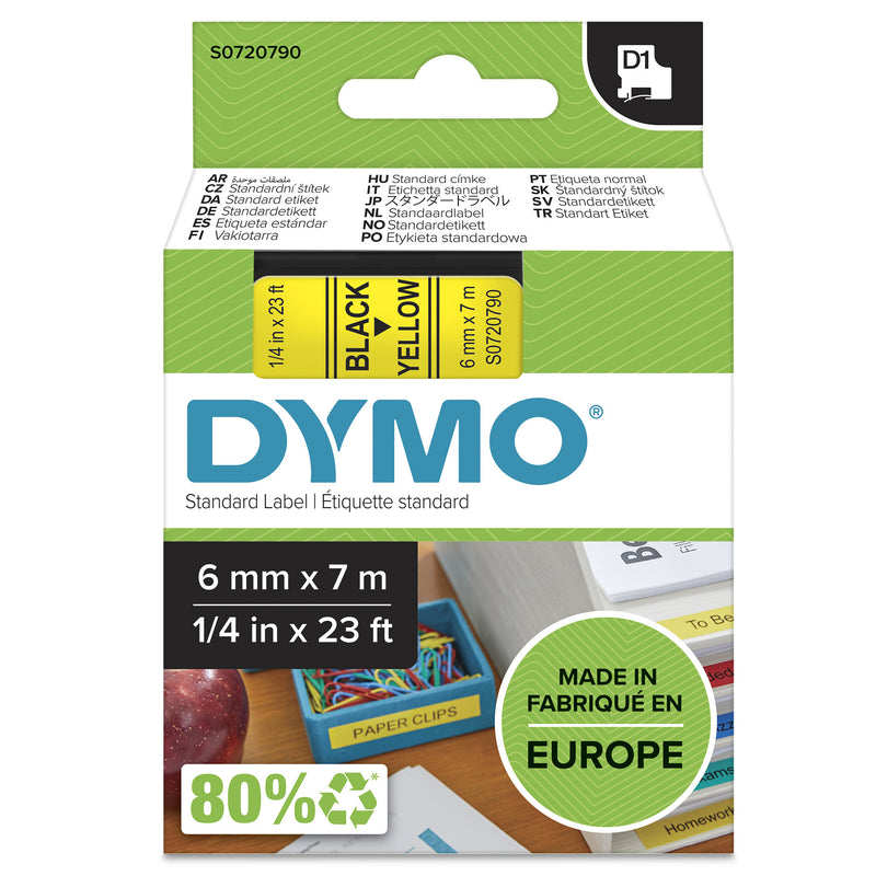 DYMO Ægte D1-etiketter | Sort tekst på gul tape | 6 mm x 7 m | Selvklæbende etiketter til LabelManager-mærkningsmaskiner | Fremstillet i Europa