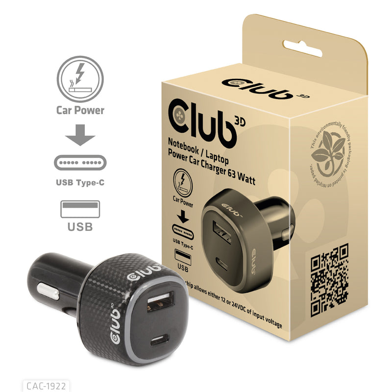 CLUB3D CAC-1922 oplader til mobil enhed Laptop Sort Cigartænder Automatisk