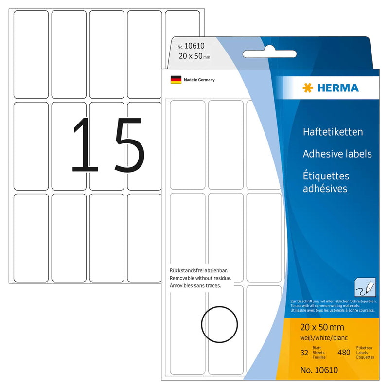 HERMA 10610 selvklæbende etiket Afrundet rektangel Hvid 480 stk