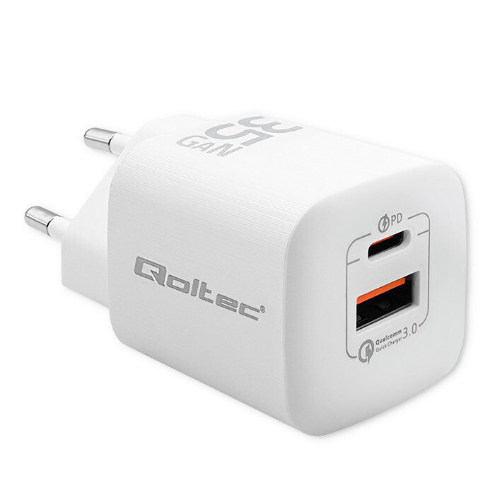 Qoltec 50763 oplader til mobil enhed Laptop, Bærbar spillekonsol, Strømbank, Smartphone, SmartWatch, Tablet Hvid Vekselstrøm Hurtig opladning Indendørs