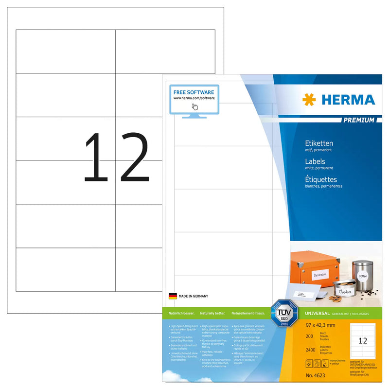 HERMA 4623 selvklæbende etiket Rektandel Permanent Hvid 2400 stk
