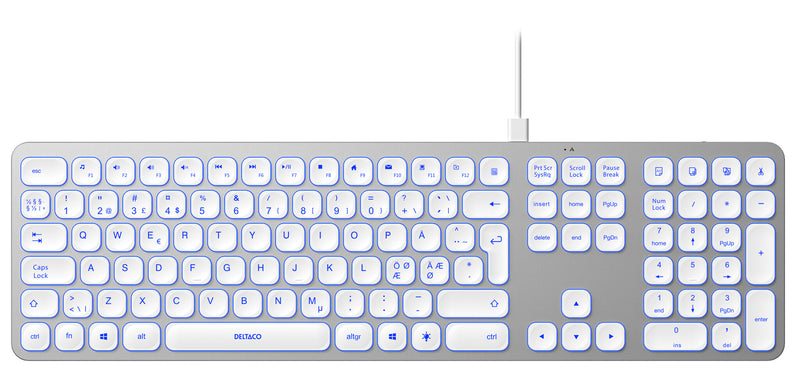 Deltaco Kablet lavprofil aluminiums tastatur med belysning og dual USB-A & USB-C forbindelse