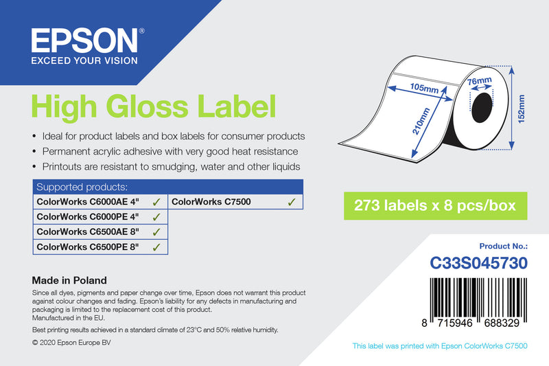 Epson C33S045730 print etiket Hvid Selvklæbende printeretiket