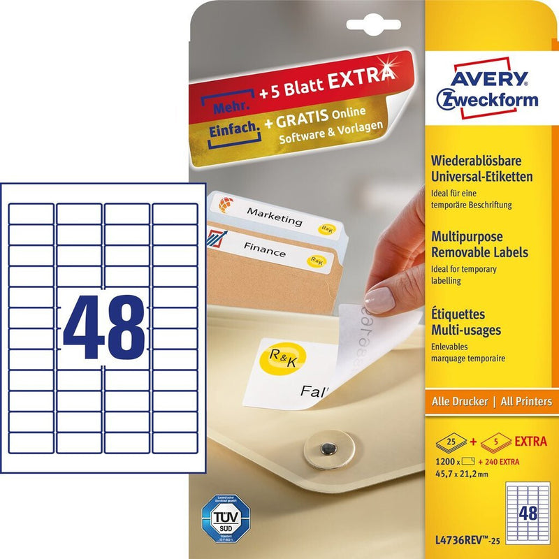Avery L4736REV-25 selvklæbende etiket Afrundet rektangel Aftagelig Hvid 1440 stk