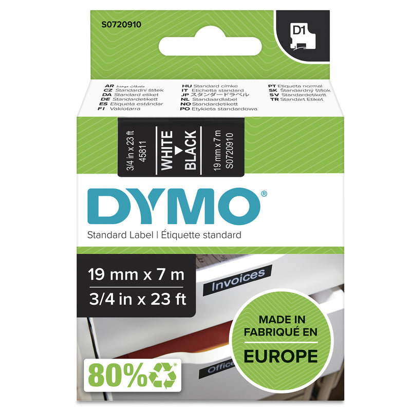 DYMO Ægte D1-etiketter | Hvid tekst på sort tape | 19 mm x 7 m | Selvklæbende etiketter til LabelManager-mærkemaskiner | Fremstillet i Europa