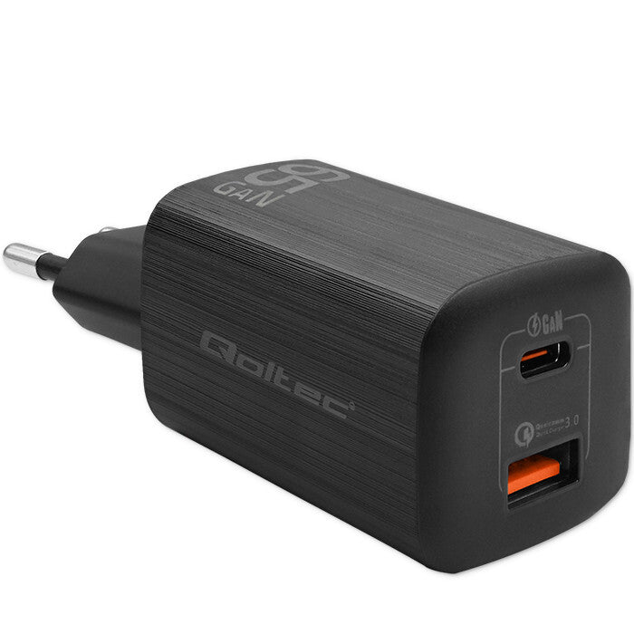Qoltec 50766 oplader til mobil enhed Laptop, Bærbar spillekonsol, Strømbank, Smartphone, SmartWatch, Tablet Sort Vekselstrøm Hurtig opladning Indendørs