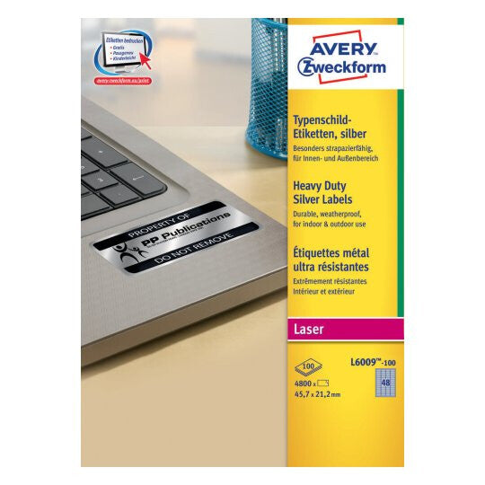 Avery L6009-100 selvklæbende etiket Afrundet rektangel Permanent Sølv 4800 stk