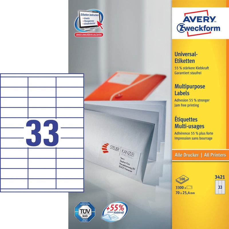 Avery 3421 print etiket Hvid Selvklæbende printeretiket