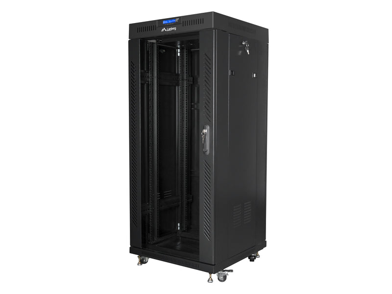 Lanberg free standing rack 19inch cabinet 27U 600x600 glass door LCD flat pack black Fritstående reol