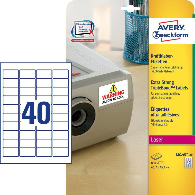 Avery L6140-20 selvklæbende etiket Afrundet rektangel Permanent Hvid 800 stk