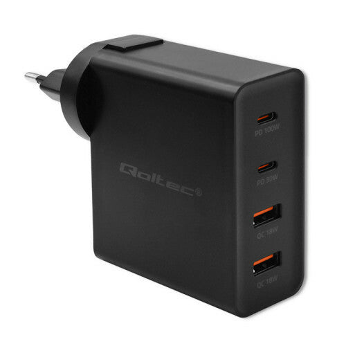 Qoltec 52383 oplader til mobil enhed Laptop, Bærbar spillekonsol, Strømbank, Smartphone, SmartWatch, Tablet Sort Vekselstrøm Hurtig opladning Indendørs