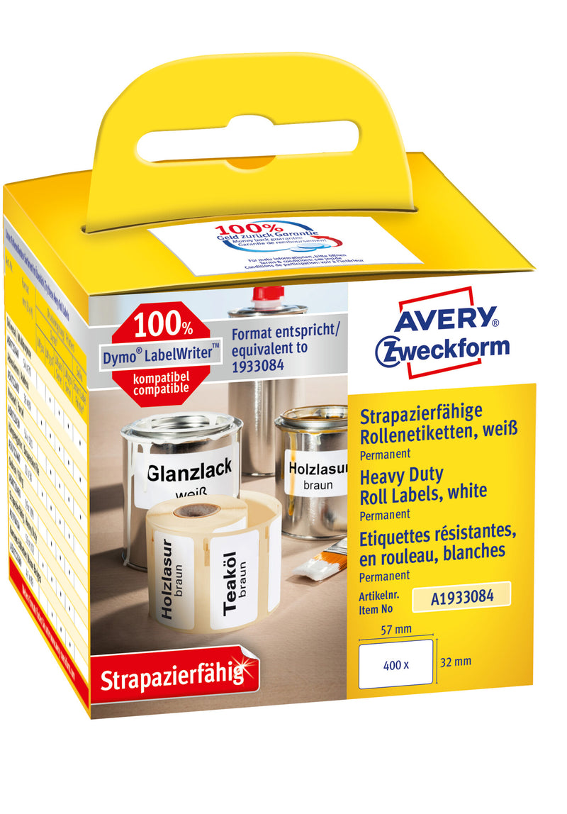Avery A1933084 selvklæbende etiket Afrundet rektangel Permanent Hvid 400 stk