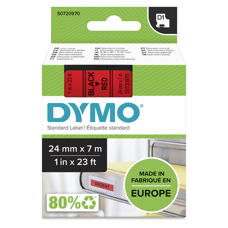 DYMO Ægte D1-etiketter | 24 mm x 7 m rulle | Sort tekst på rød | Selvklæbende etiketter til LabelManager-etiketprintere