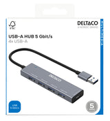Deltaco USB-A hub, 4x USB-A female, 5 Gbps, aluminum, grey