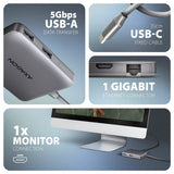 Axagon N HMC-5HL USB 5Gbps hub 2x USB-A HDMI 4k/60Hz RJ-45 GLAN PD 100W kabel USB-C Ledningsført USB 3.2 Gen 1 (3.1 Gen 1) Type-C Sølv