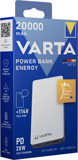 Varta Energy 20000 Lithium polymer (LiPo) 20000 mAh Sort, Hvid