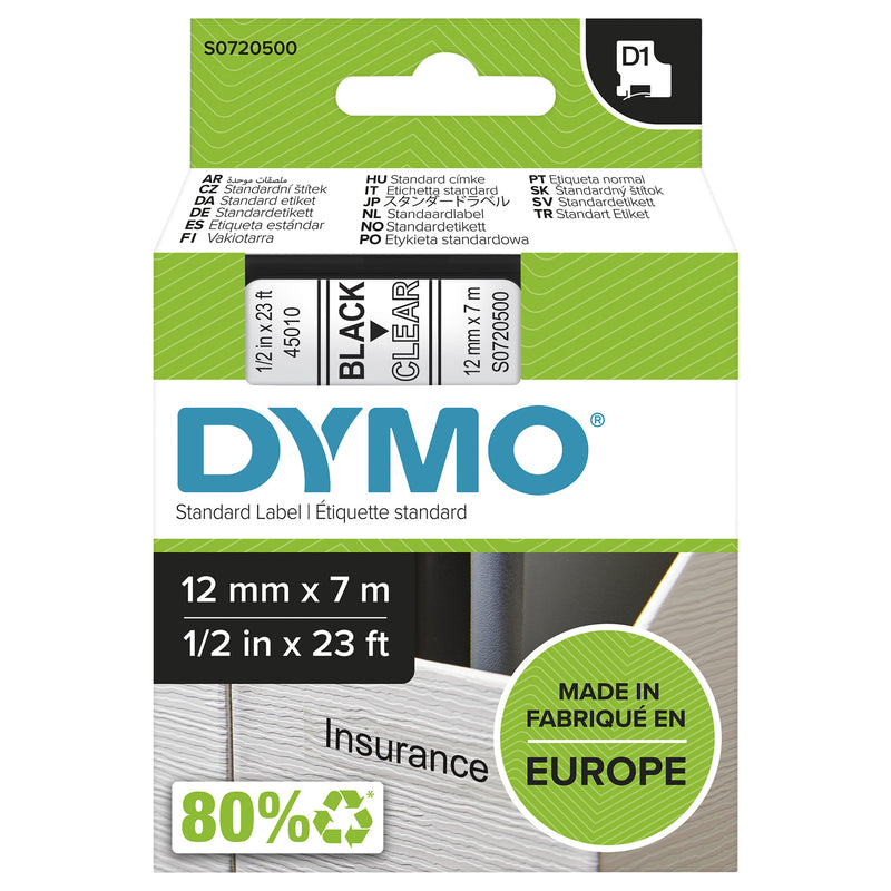 DYMO Originale D1-etiketter | Sort tekst på gennemsigtig tape | 12 mm x 7 m | Selvklæbende etiketter til LabelManager-mærkningsmaskiner | Fremstillet i Europa